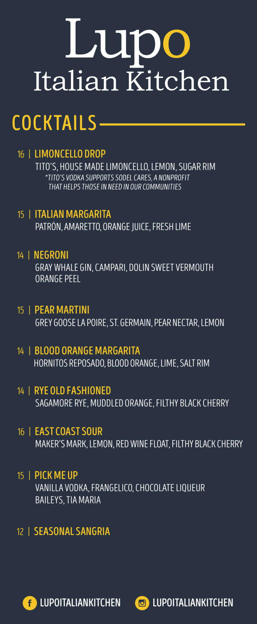 Menu from Lupo Italian Kitchen featuring cocktails list with various drinks and ingredients