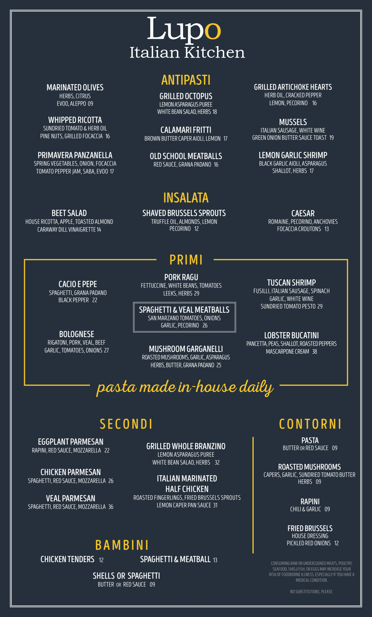 Menu for Lupo Italian Kitchen featuring sections for Antipasti, Insalata, Primi, Secondi, Bambini, and Contorni with various Italian dishes and prices.