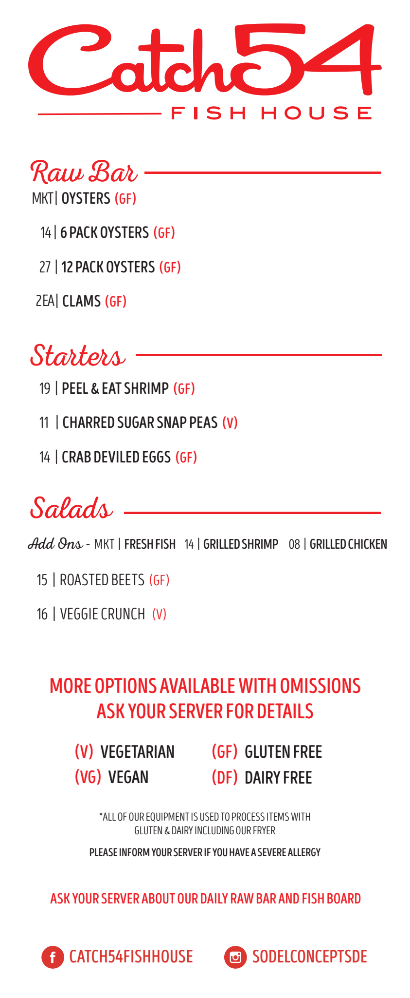 Catch 54 Fish House menu featuring raw bar options including oysters and clams, starters like shrimp, sugar snap peas, and crab eggs, and salads such as roasted beets and veggie crunch, with dietary icons for vegetarian, vegan, gluten-free, and dairy-free options.