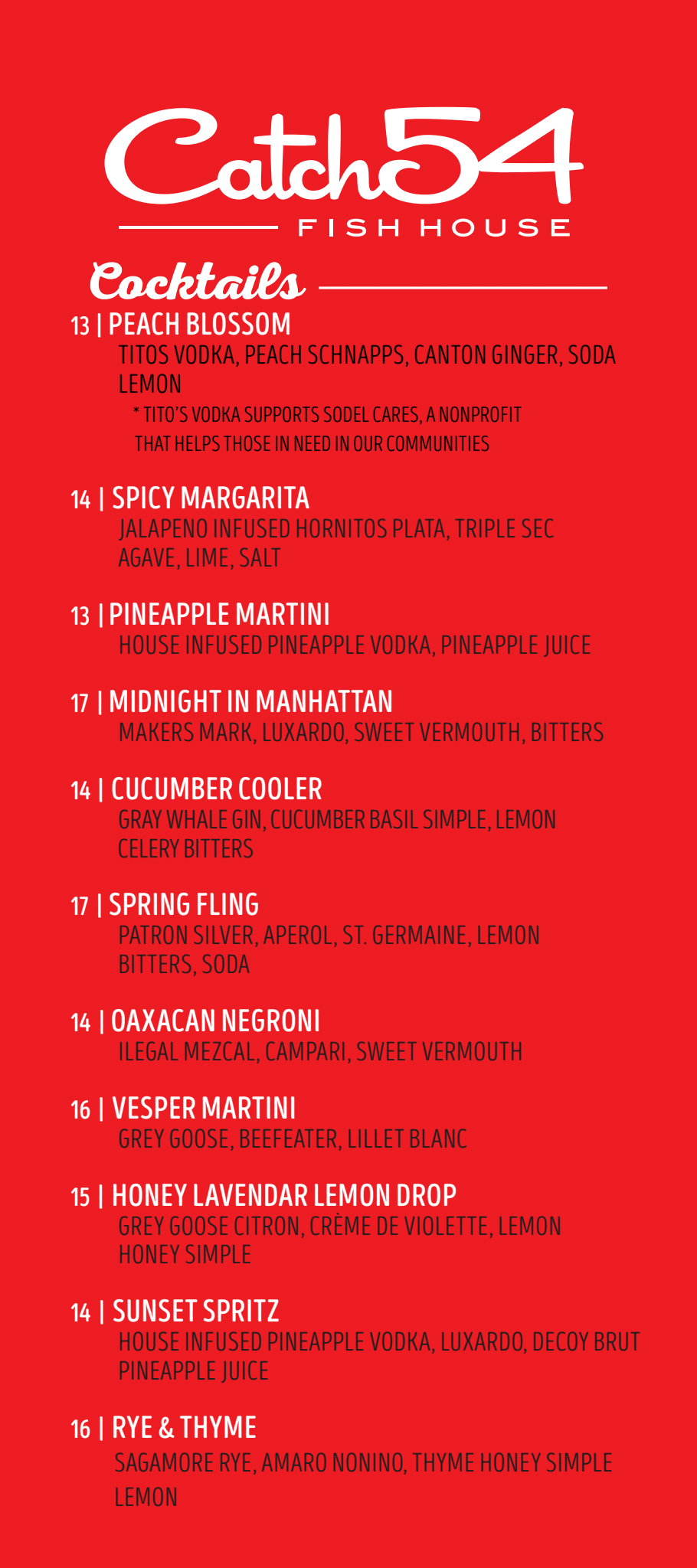 Menu of the Catch 54 Fish House featuring various cocktails with names, prices, and ingredients listed on a red background.