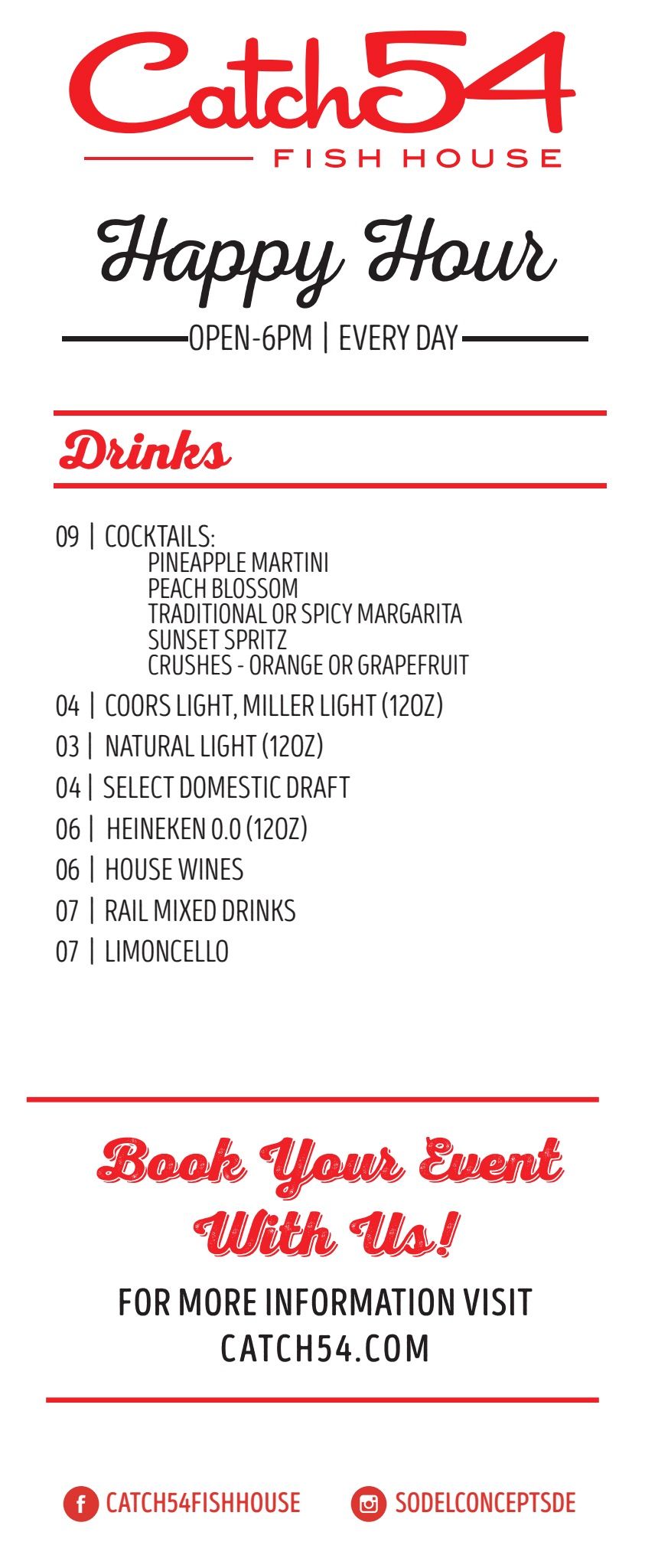 Catch54 Fish House happy hour menu offering drinks, cocktails, beer, wine, and mixed drinks, with encouragement to book events and visit their website.