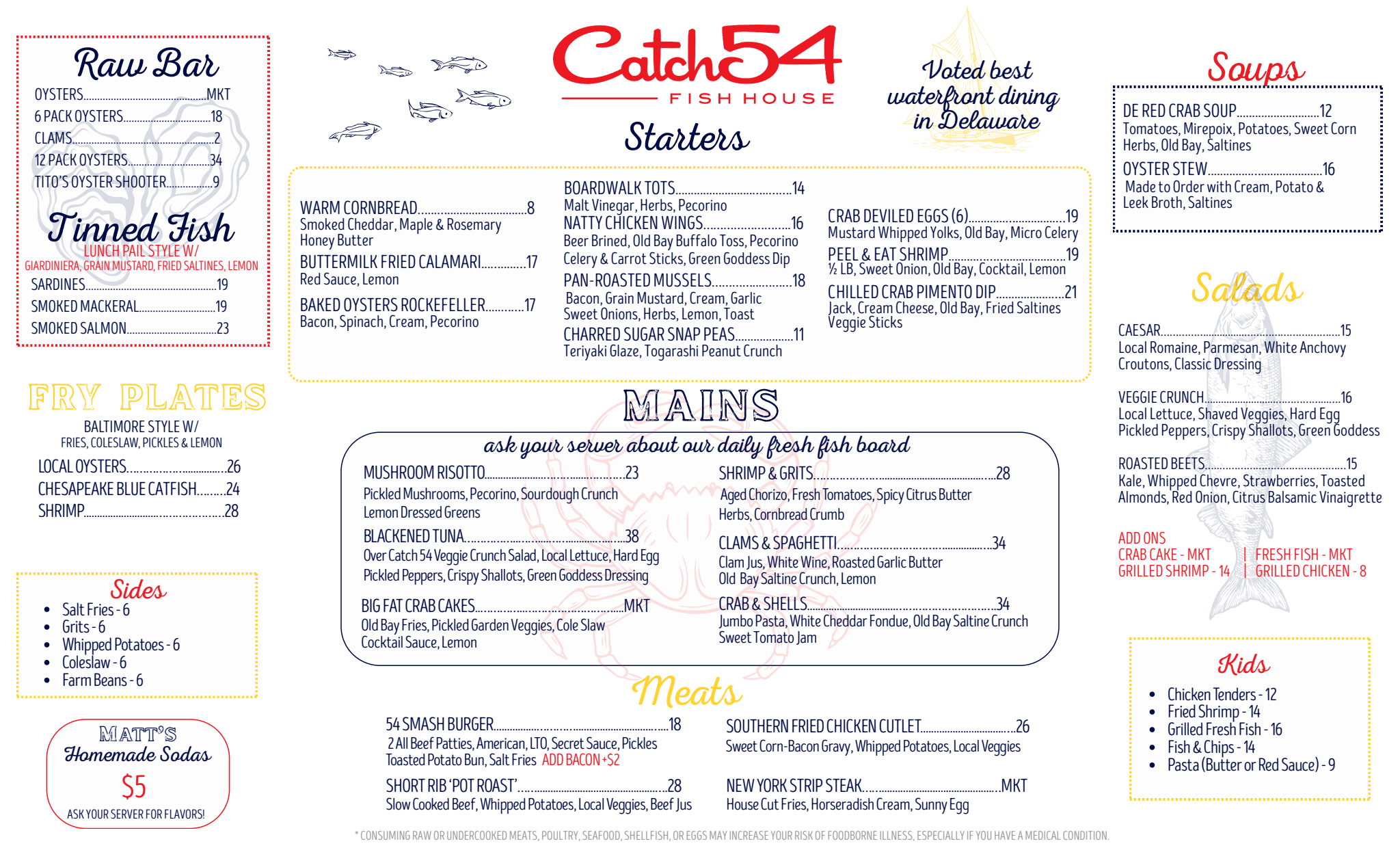 Menu from Catch 54 Fish House featuring sections for Raw Bar, Tinned Fish, Fry Plates, Salads, Kids, Mains, and Sides. The menu lists various seafood dishes, starters, sides, and main courses with prices.