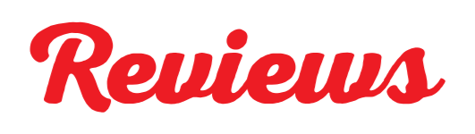 The word 'Reviews' in red cursive font on a black background.