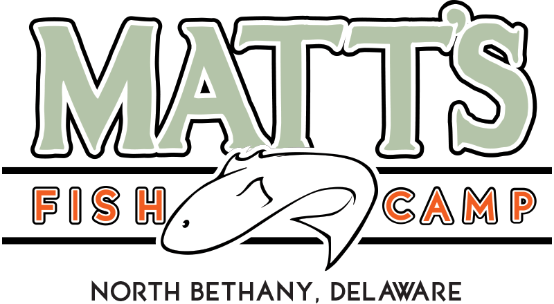 Logo for Matt's Fish Camp with the text 'Matt's Fish Camp' and a drawing of a fish, below the text 'North Bethany, Delaware'.