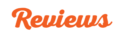 The word 'Reviews' in orange cursive text on a black background.