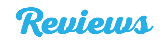 Text that reads 'Reviews' in a stylized blue font.
