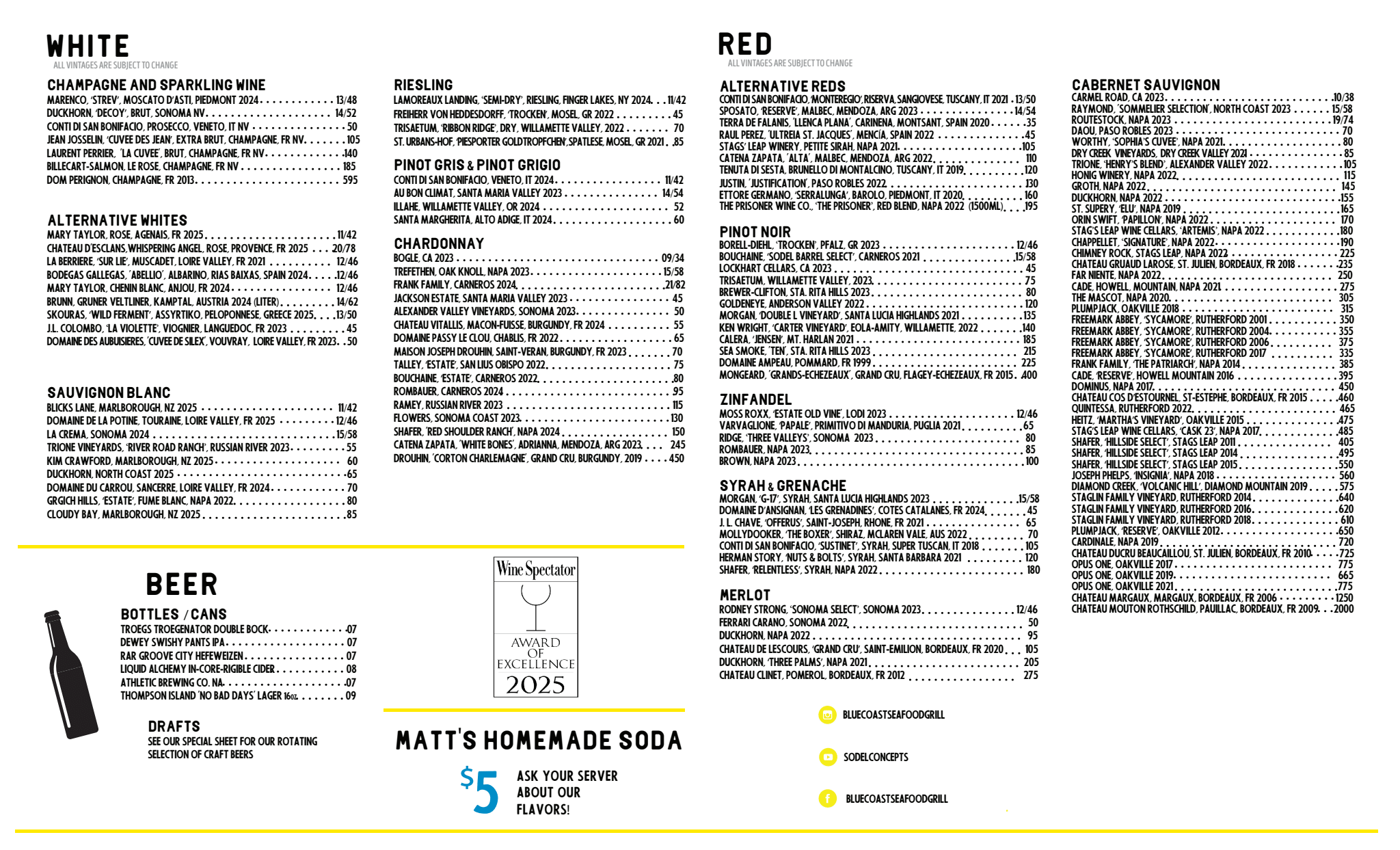 A wine menu categorizing wines into white and red, with various types and regions listed, including champagne, sparkling wine, Riesling, Pinot Gris, Pinot Grigio, Chardonnay, Sauvignon Blanc, and Merlot, along with pricing details.