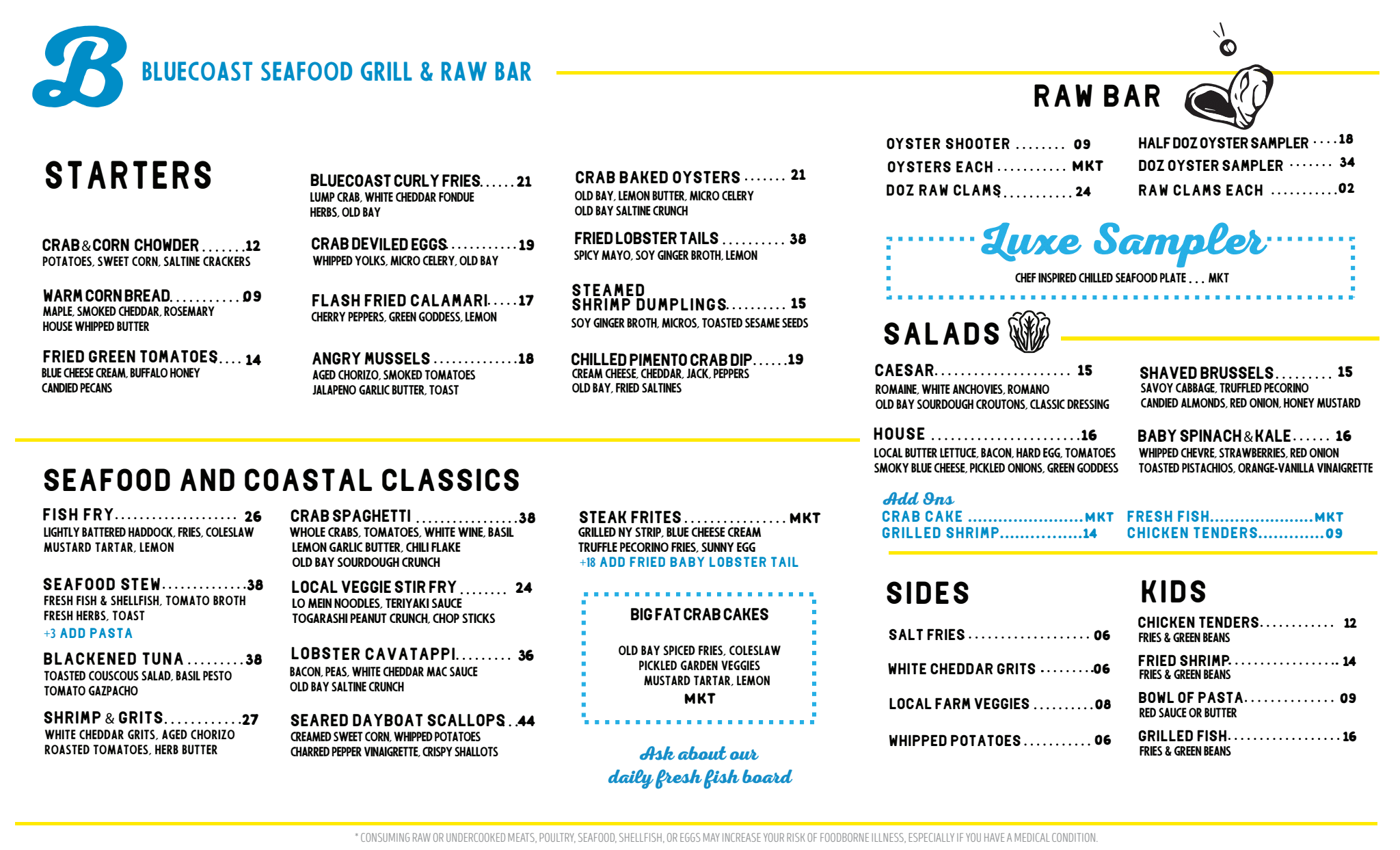 Menu from Blue Coast Seafood Grill & Raw Bar featuring starters, seafood and coastal classics, raw bar options, salads, sides, kids, and luxe sampler.