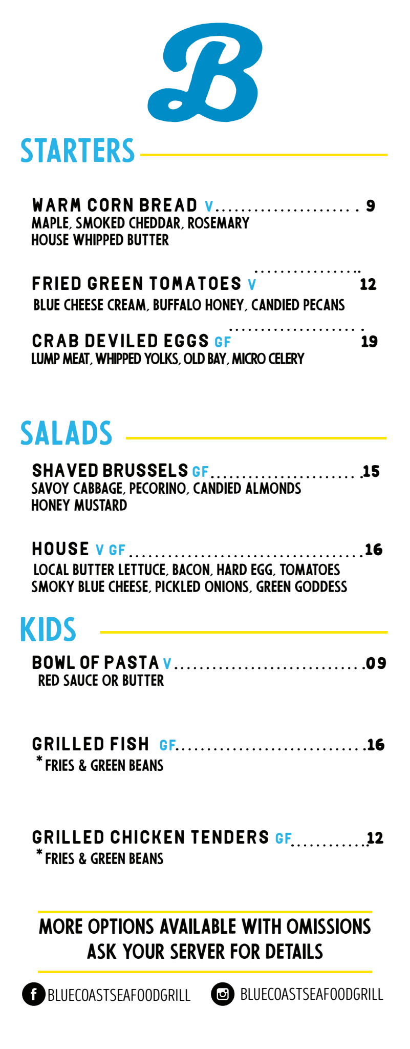 Seafood restaurant menu with sections for starters, salads, and kids' options, including items like crab deviled eggs, shaved Brussels sprouts, and grilled chicken tenders.