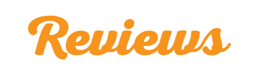 The word 'Reviews' in orange cursive font on a black background.