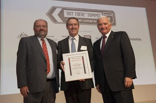 WSLD PATROn Nick Greiner (right) Presents the Productive Partnerships Award to TAFE NSW WSI's Robin Shreeve (left) and Lendlease's Andrew Wilson (centre)