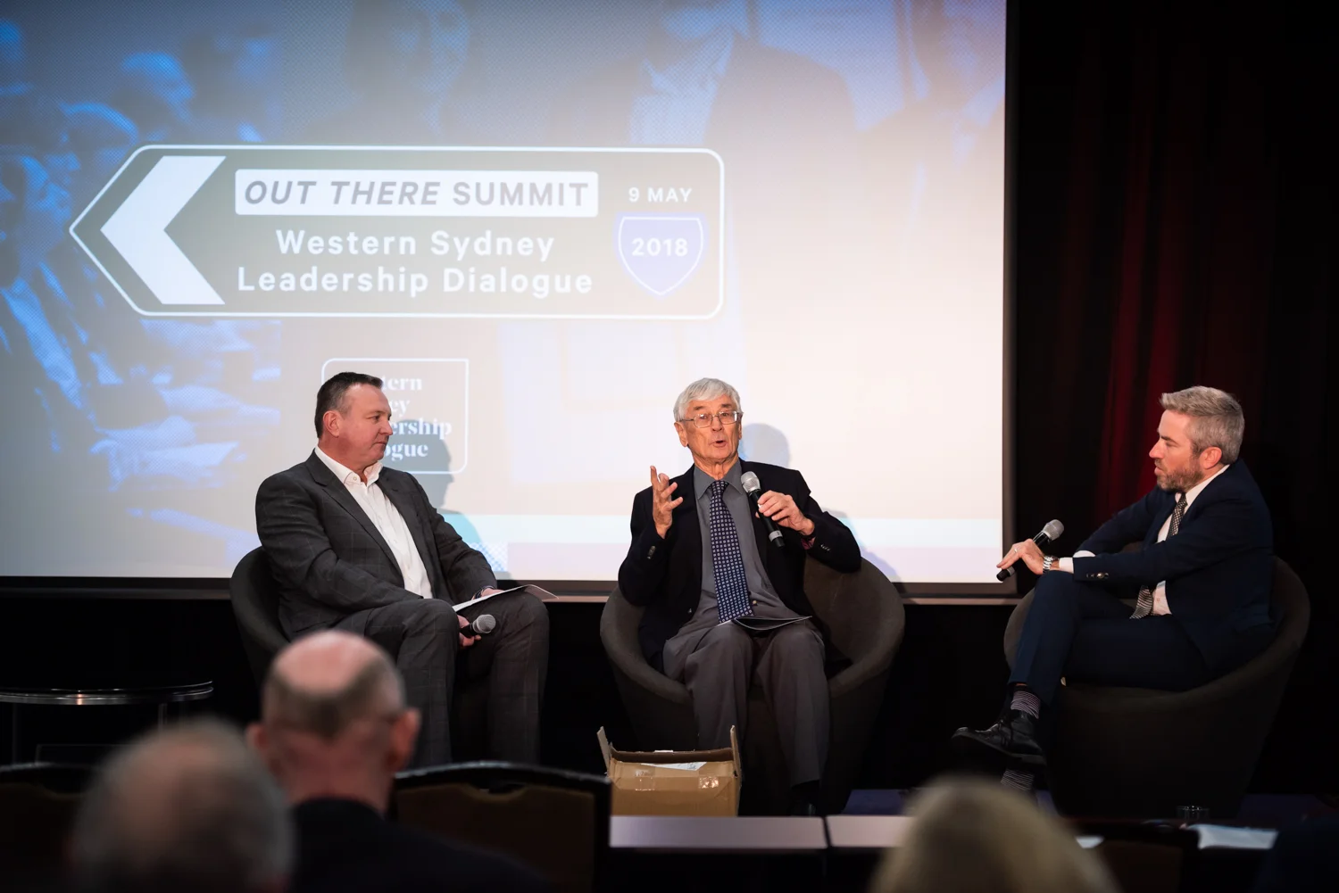 Sydney Business Chambers' David Borger and population provocateur Dick Smith ac with Dr Andy Marks (WSU) at the 2018 Out There Summit