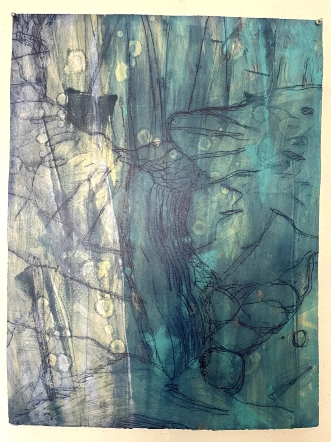 Waterfall #72. Painted Monoprint with etching.. 31 ×23”