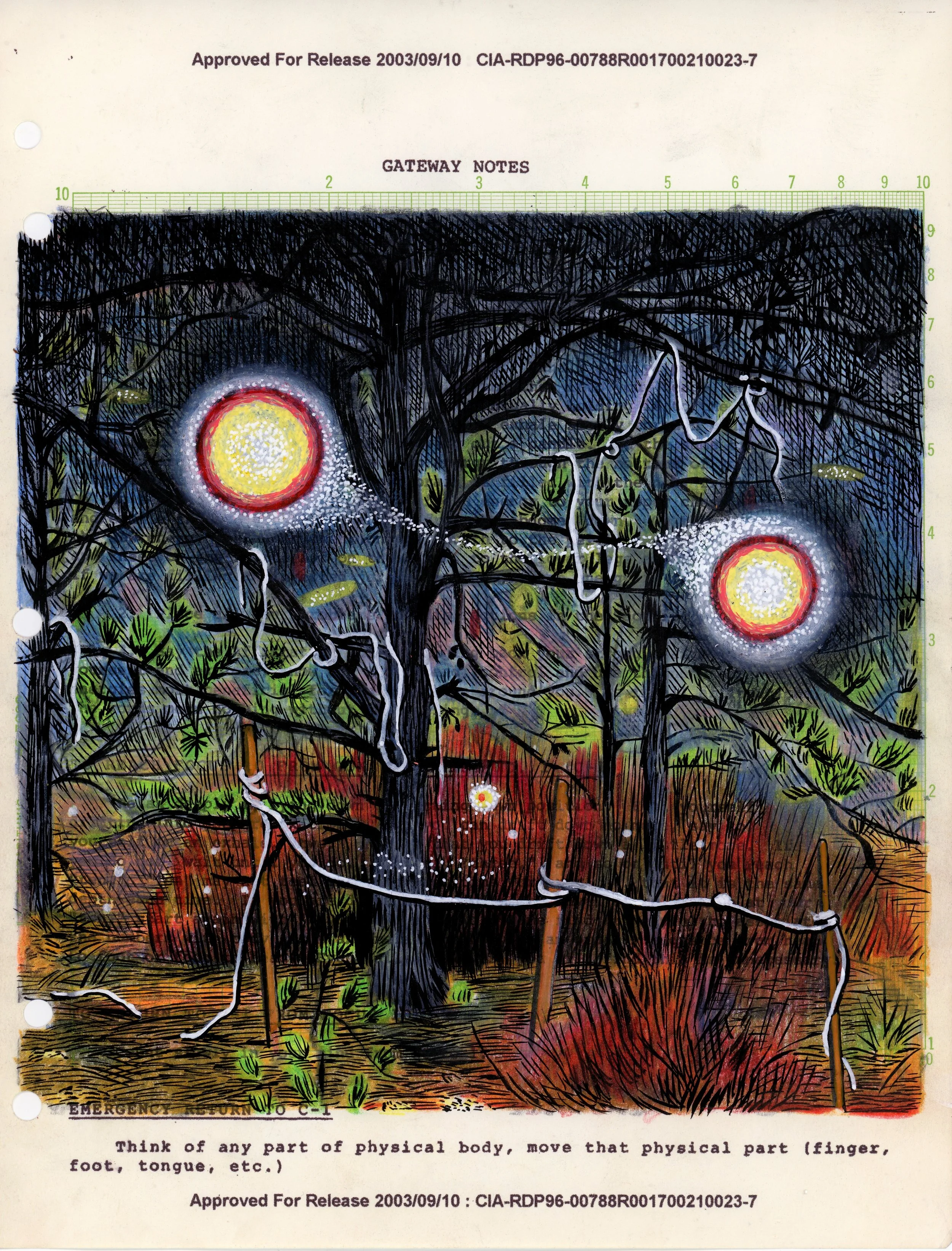  Gateway Notes (Emergency Return)  Colored pencil, ink, acrylic on antique graph paper   11 × 8.5 inches   2026 
