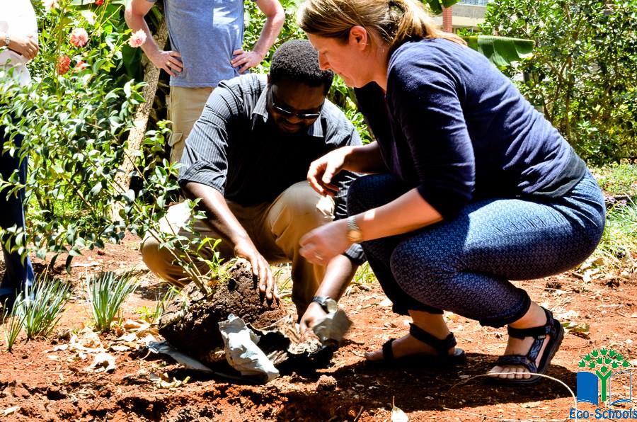   Keep Northern Ireland Beautiful Eco-Schools Coordinator, Ruth Van Ry, and Kenya Coordinator, David Wandabi, plant a tree at Samaj School, Nairobi.  