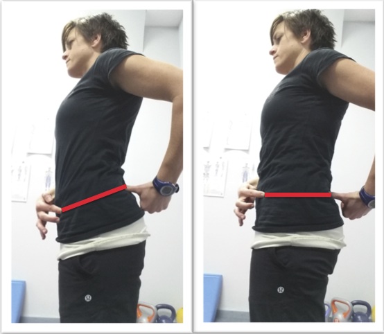 Picture 1 = Anterior Pelvic Tilt Picture 2 = Neutral Pelvis I have my finger on my Anterior Superior Iliac Spine (ASIS/most antierior bony prominence at the front of your pelvic bone) & my thumb on my Posterior Superior Iliac Spine (PSIS/bony prominence at back of pelvis, usually where your dimple is), when these two points are level, you are in a neutral pelvic position.