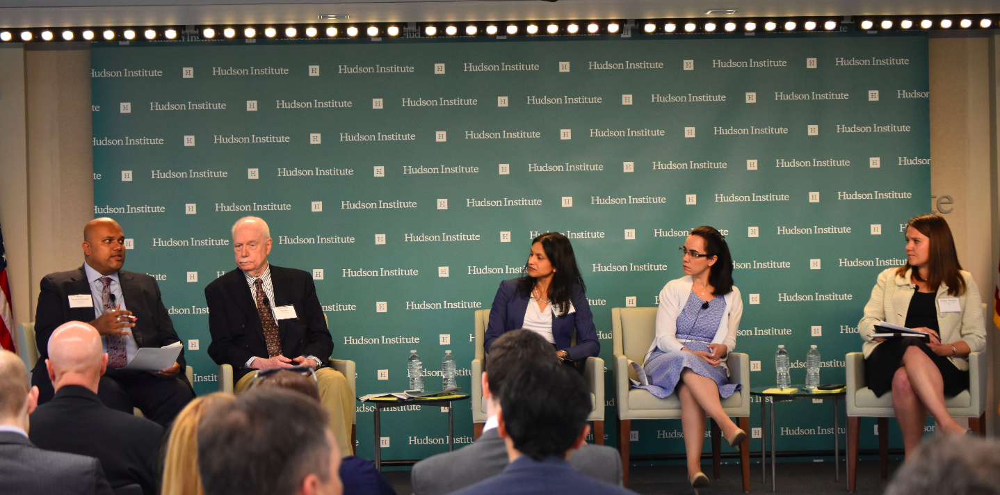(From Left to Right:) Arun Venkataraman (U.S Dept. of Commerce, Intl. Trade Administration), Jeremiah Norris (Hudson Institute, Center for Science in Public Policy), Neena Shenai (Medtronic), and Leticia Santos (BSA) discussing multilateral trade pacts and Indian trade, with Ashley Mergen Moderating.