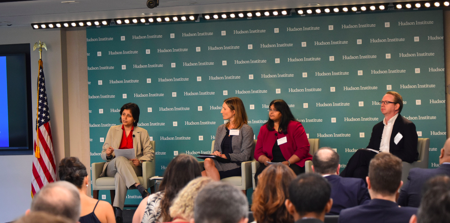 Dr. Aparna Pande moderating a discussion on India's National IPR Policy with Amiee Aloi (PhRMA), Kalpana Reddy (GIPC), and Joe Walsh (21st Century Fox). 