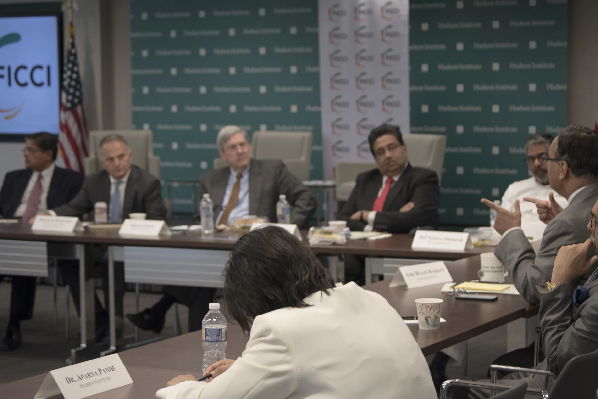 Clockwise: Douglas Feith, Harshvardhan Neotia, MP Neeraj Shekhar, Ambassador Husain Haqqani, Dr. Didar Singh, Dr. Aparna Pande