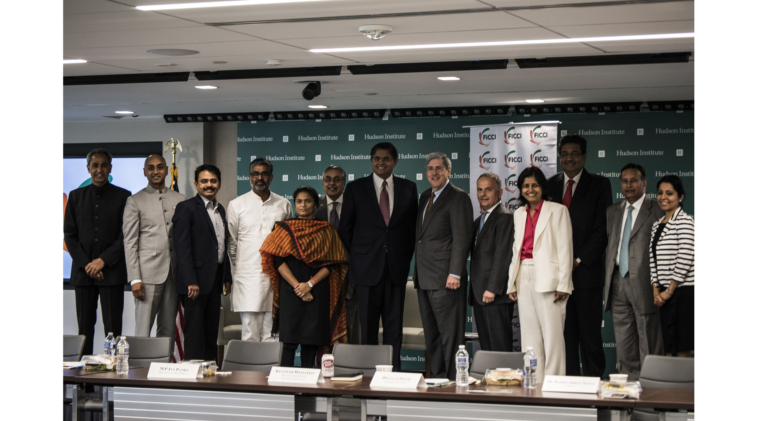 L-R: MP Harish Chandra Meena, MP Jayadev Galla, MP Rajeev Satav, MP Neeraj Shekhar, MP Sushmita Dev, Dr. Didar Singh, MP Jay Panda, Douglas Feith, Kenneth Weinstein, Dr. Aparna Pande, Harshvardhan Neotia, Ambassador Husain Haqqani, Ridhika Batra. Not pictured MP Anurag Thakur.