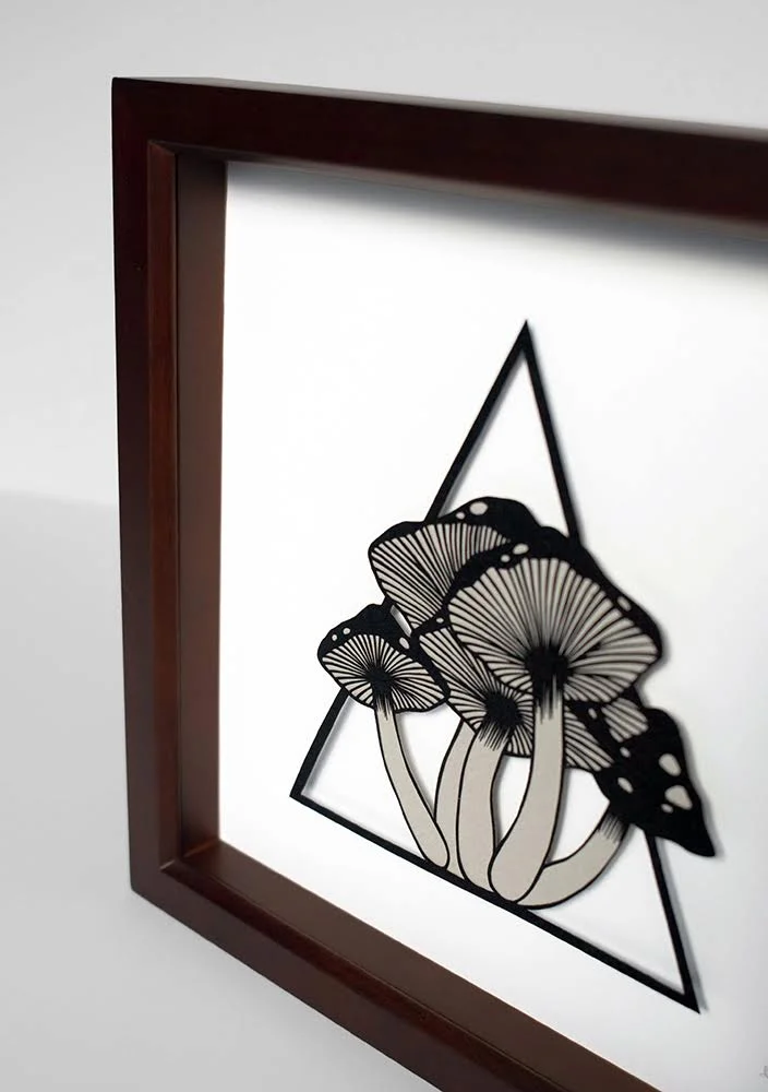 Mushrooms paper cut shadow box close up