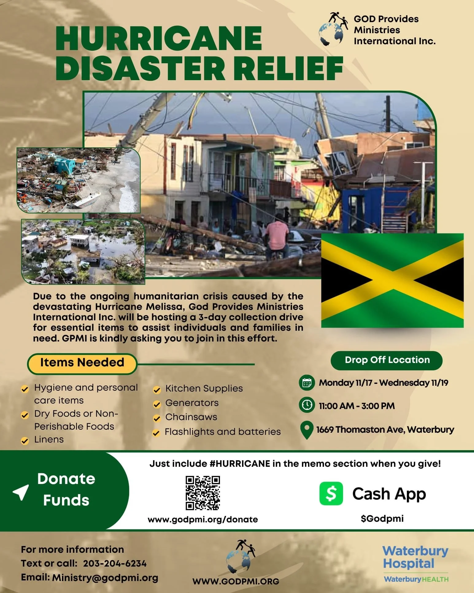 🚨 Please Read! 🚨

Our friends at God Provides Ministries, Inc. are doing a collection starting tomorrow for the ongoing humanitarian crisis caused by the devastating hurricane Melissa. They're collecting essential items for the hurricane victims, m