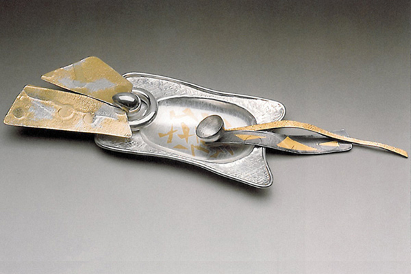   Dish and Spoon  , 1989, sterling silver, 18k gold and 24k gold overlay, 0.5x5x2 inches  