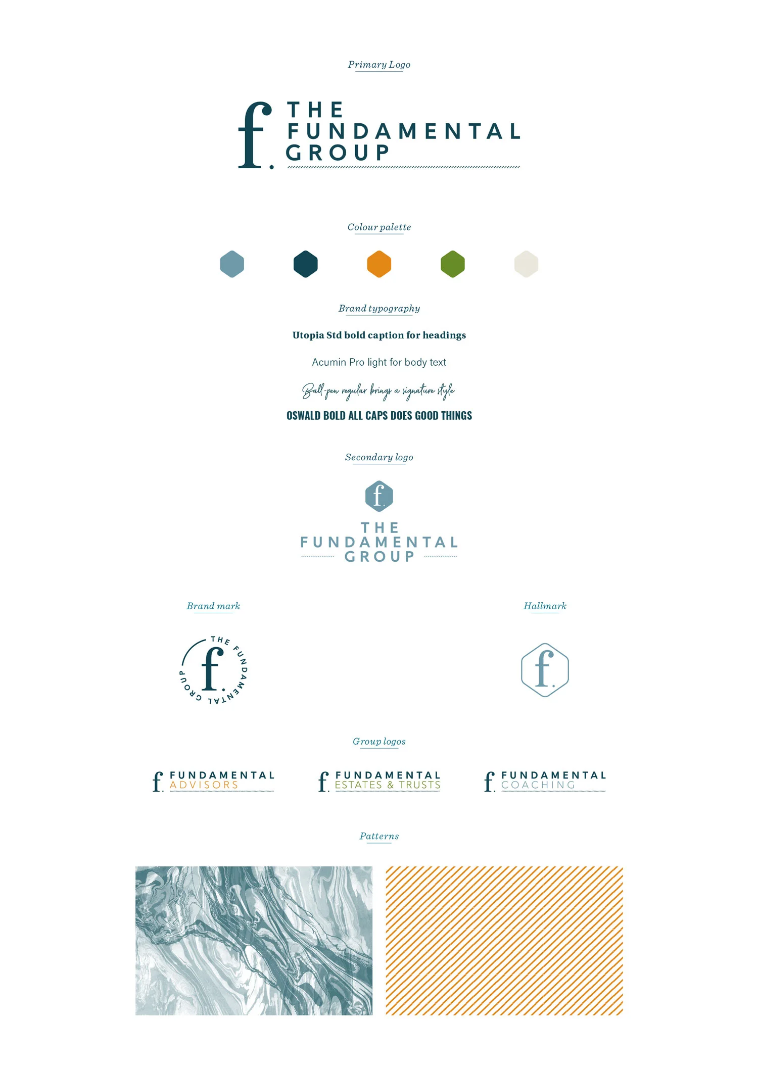 Brand board for The Fundamental Group wealth advisors, logo design and brand identity by Ditto Creative, branding agency Kent