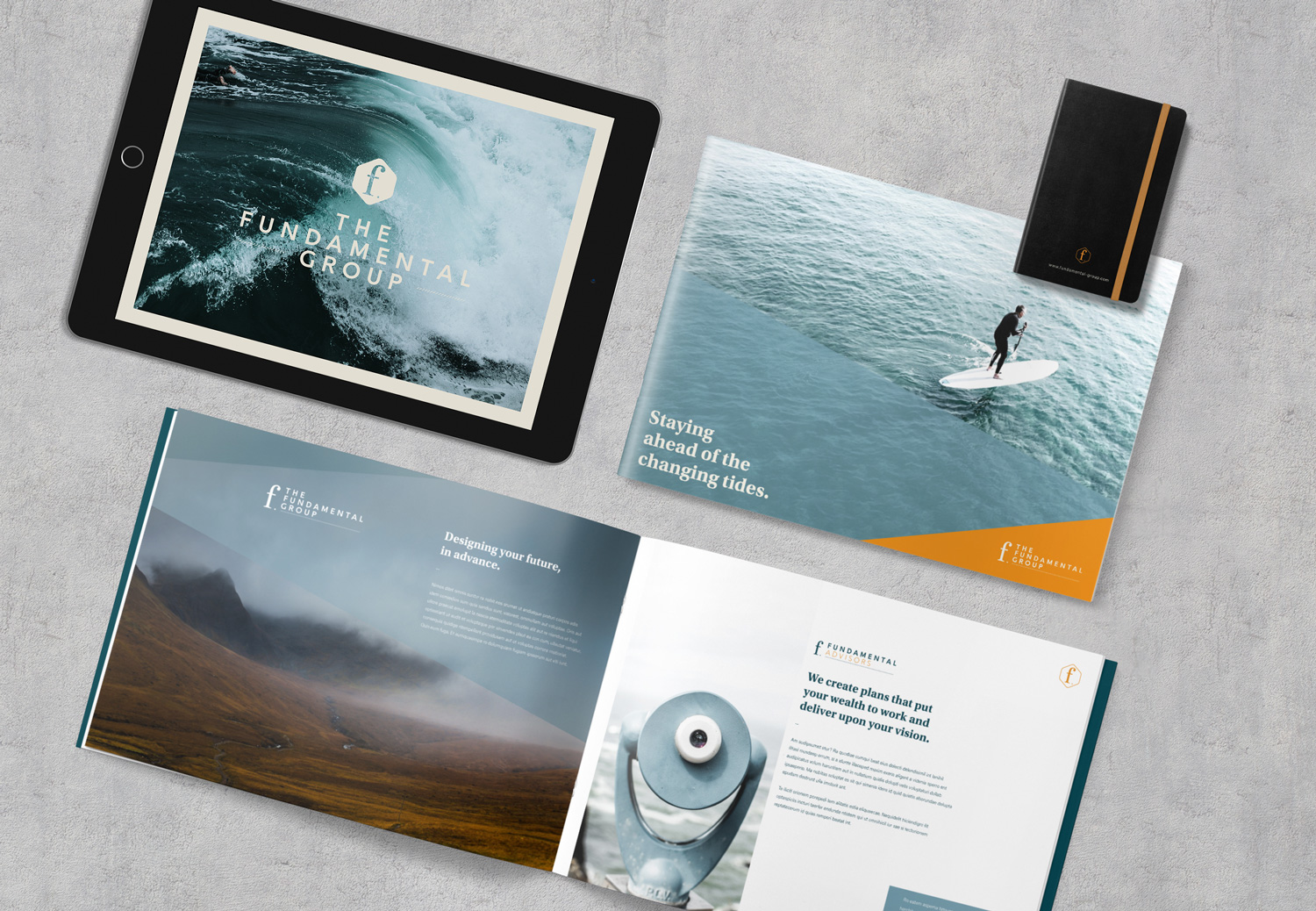 Brand board for The Fundamental Group wealth advisors, logo design and brand identity by Ditto Creative, branding agency Kent