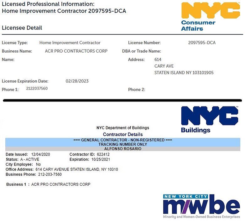 Full Transparency, we hold a NYC DCA Home Improvement License as required for any residential projects in NYC.  We also hold EPA Certification for Lead Paint renovations and are a Certified NYC MBE Contractor. 

#nyc #nyccontractor #brooklyncontracto