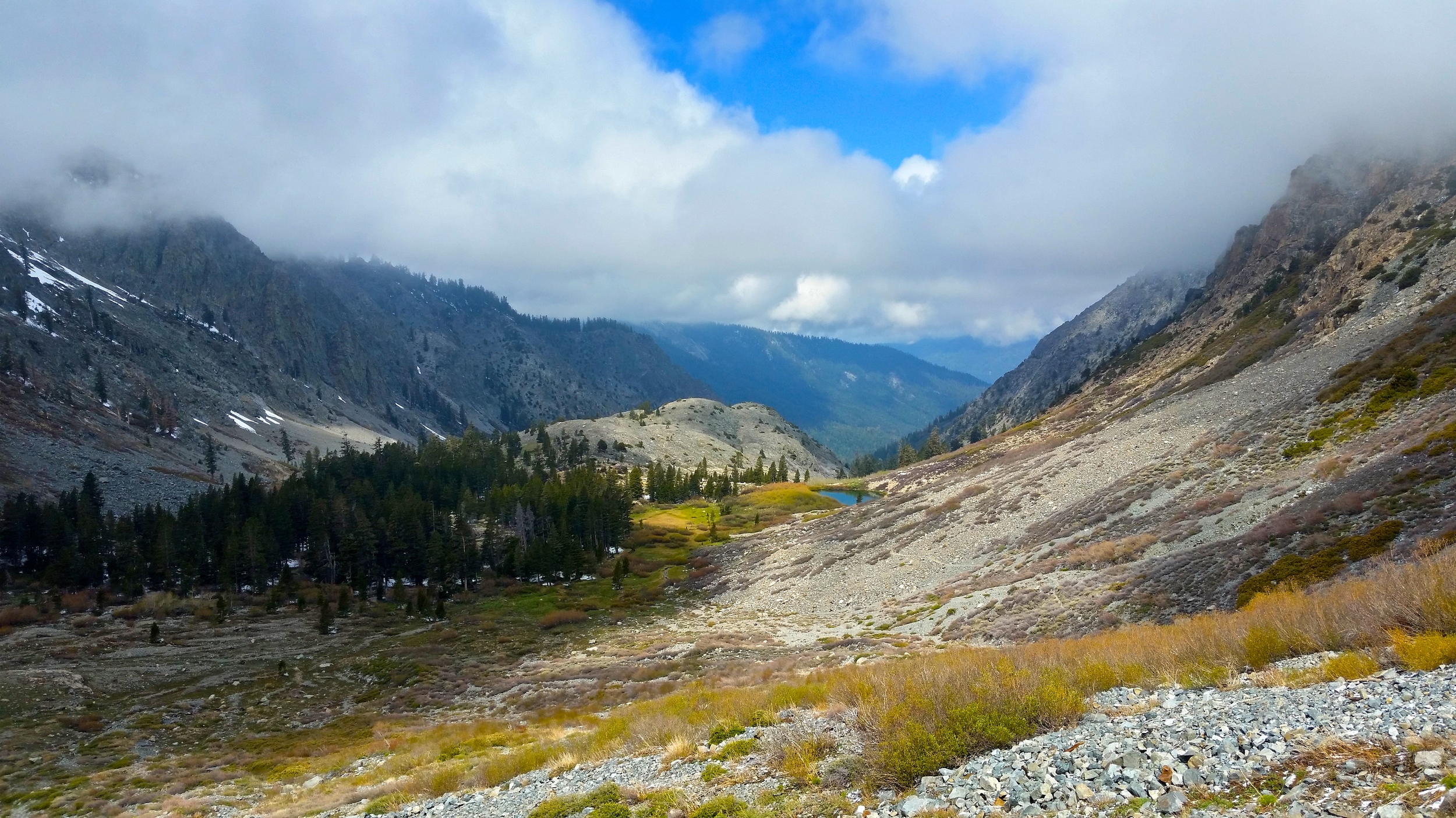 Looking back down towards Pinto Lake ... this was my last view before white-out conditions rolled in again