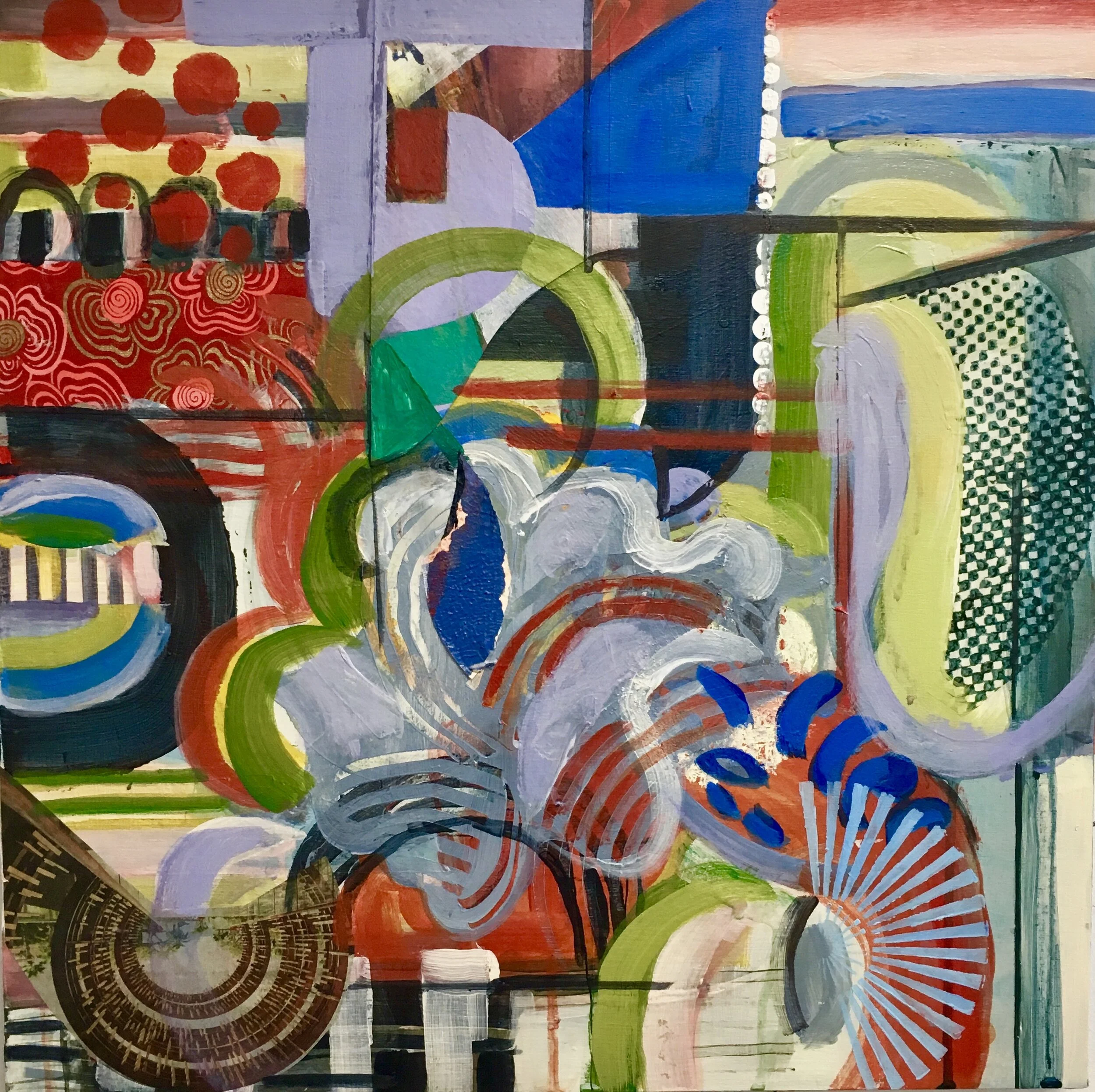   Round About , mixed media on wood panel, 18 x 18 inches 