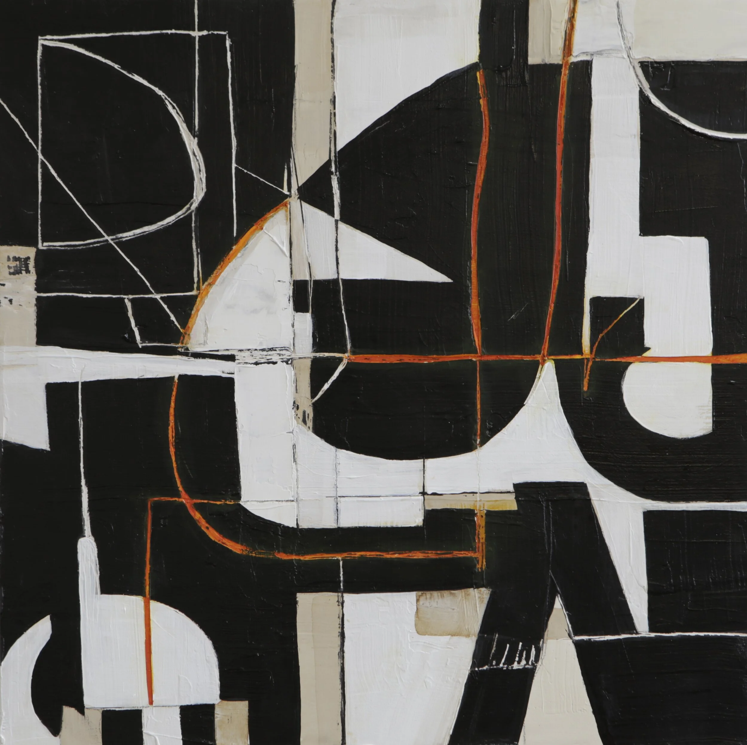   Thin Red Line , mixed media on wood panel, 16 x 16 inches 