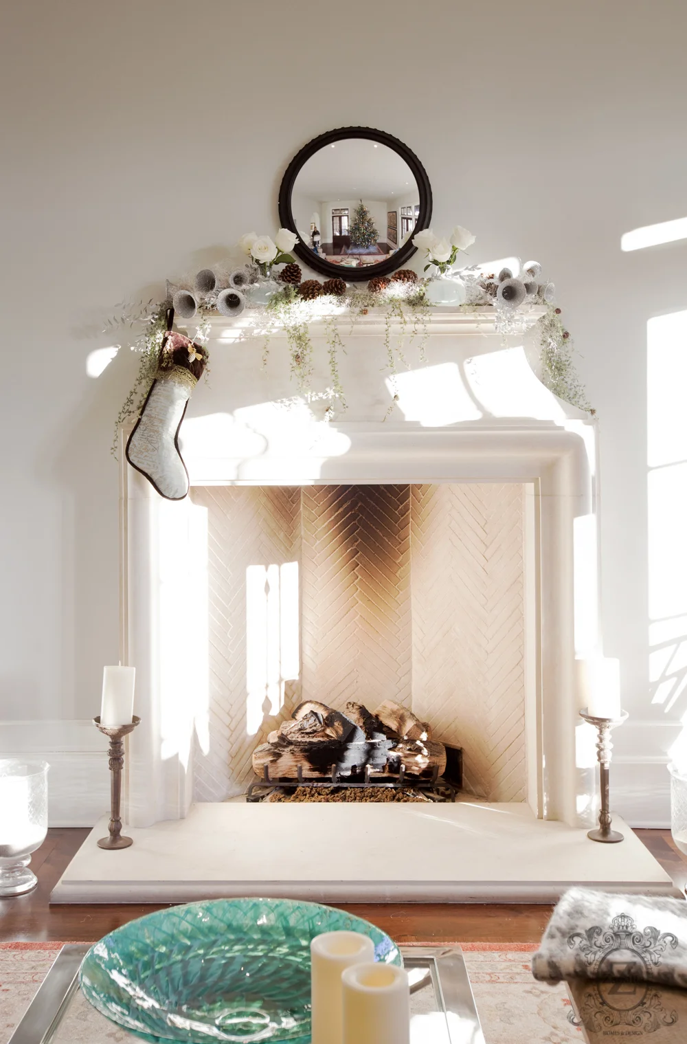Elegant Herringbone Limestone Fireplace