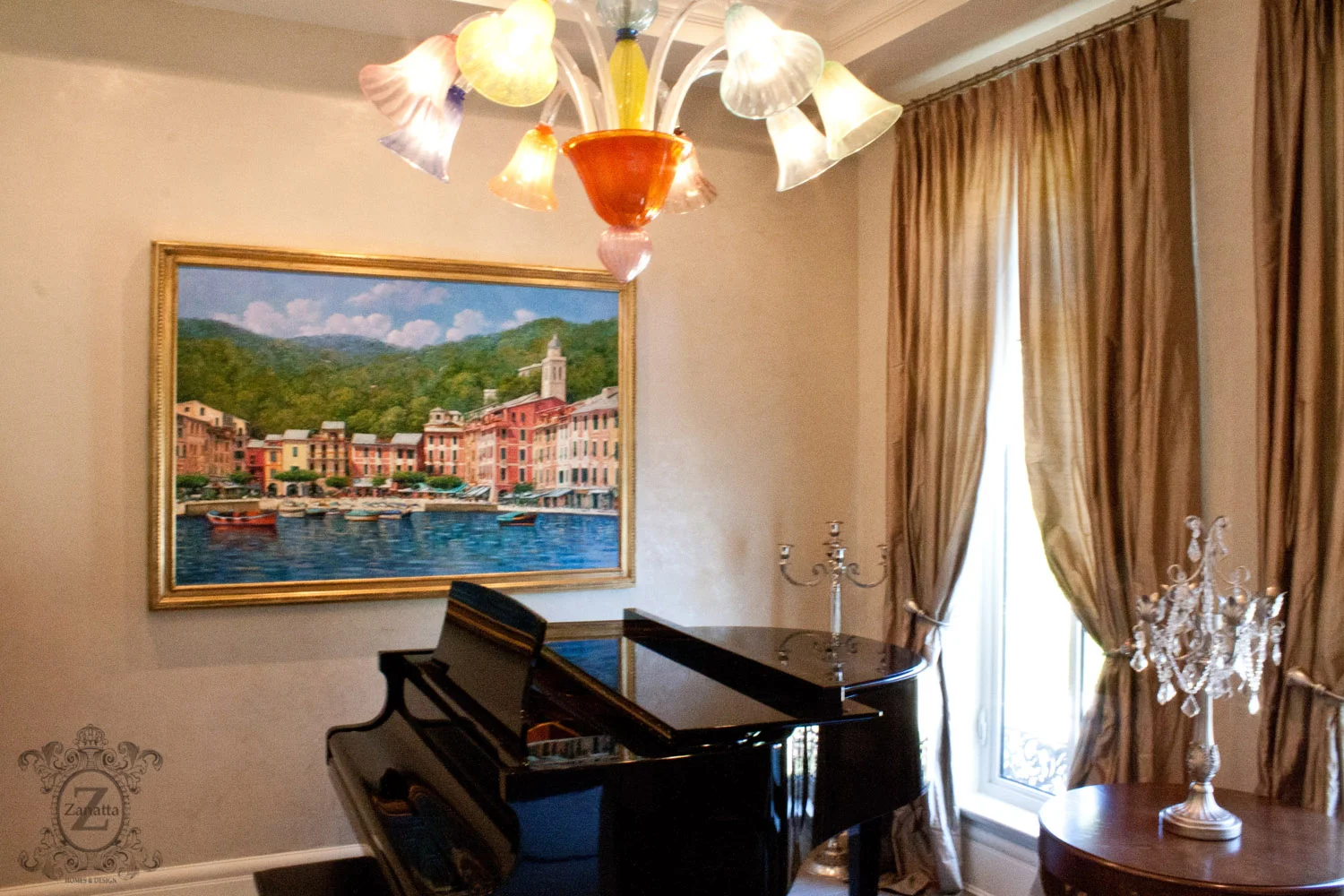 One of a kind Murano Chandelier plays center stage in the Piano Room.