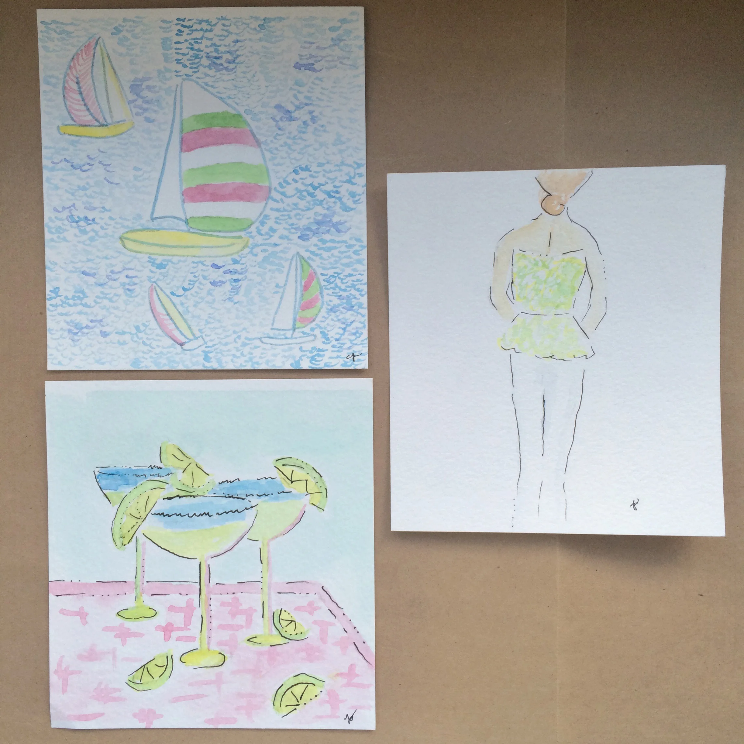 Lilly Inspired Boats, Margaritas, Girl 5x5 Watercolors | $5