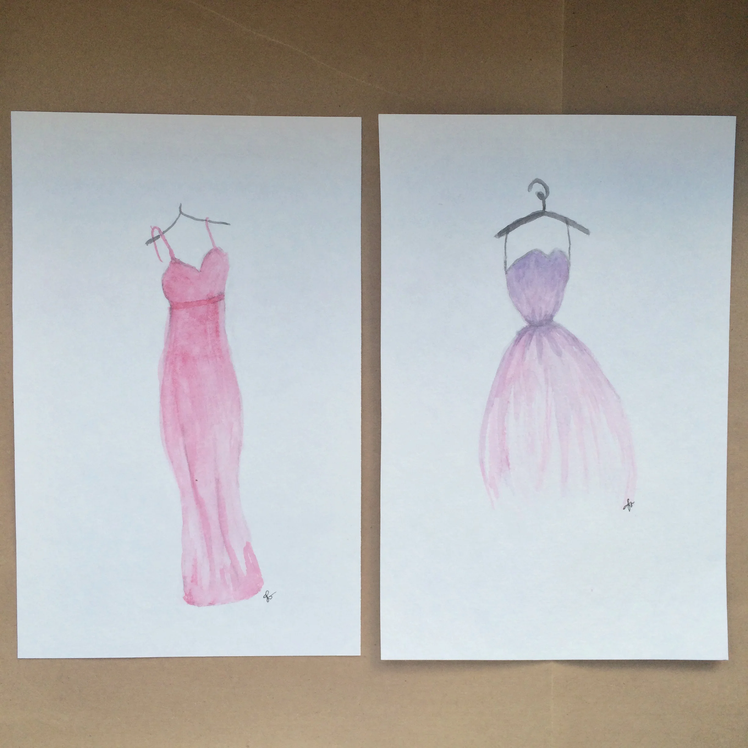 Pink Dress, Purple Dress 5x7 Watercolors | $10