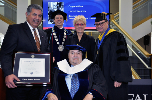   From left: Chair of the Board of Trustees Anthony Barbar, &nbsp;FAU President Dr John Kelly, Mr Leon Charney, Mrs. Tzili Charney and Provost Dr. Gary Perry  