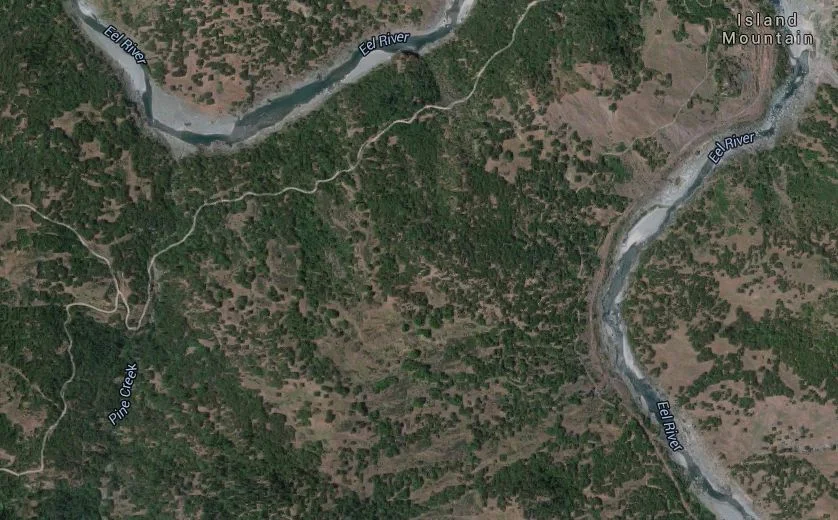 Satellite image of the Island Mountain area and the Eel River. Taken from Google Maps.