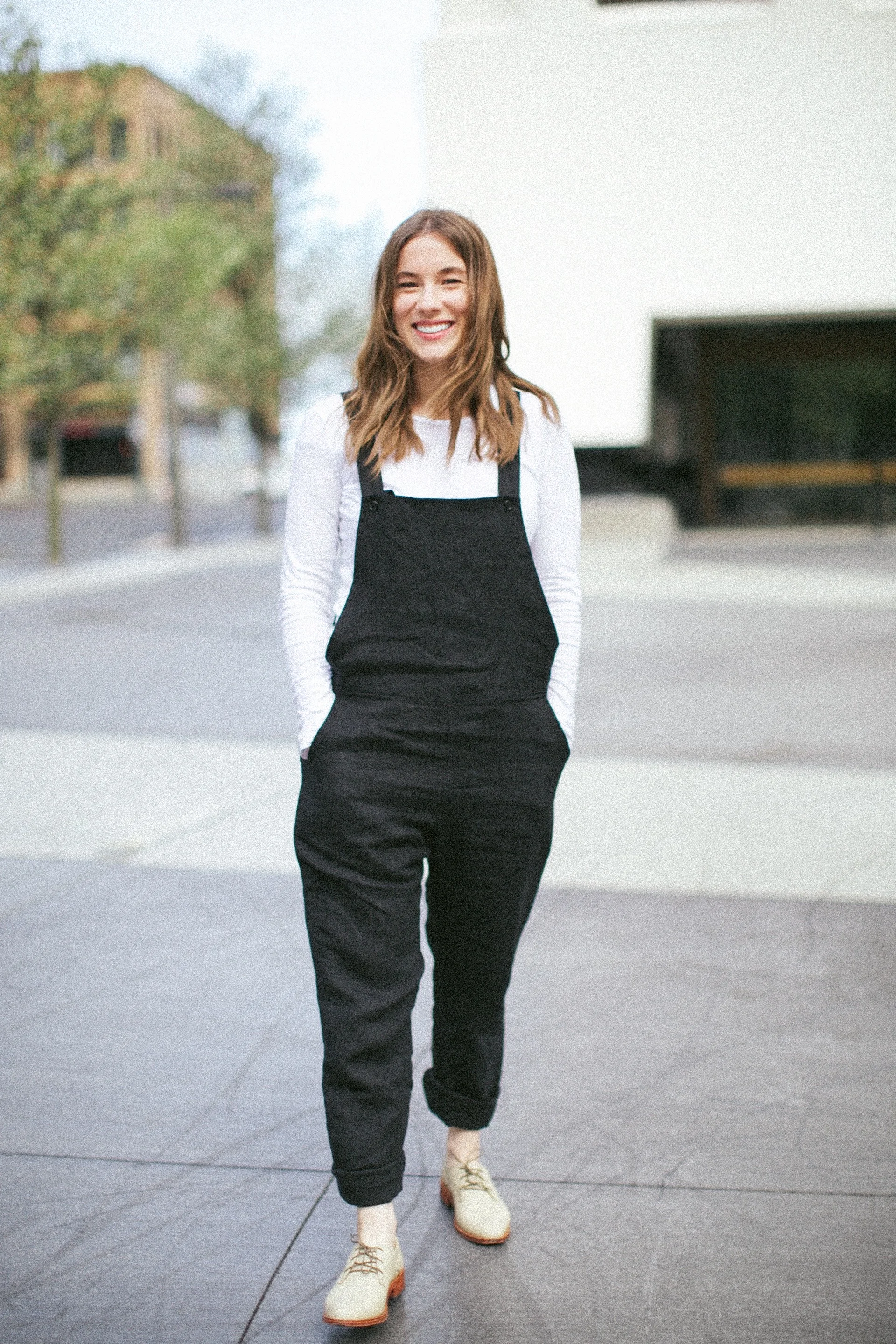 Gina wearing the Overalls in Black Linen.