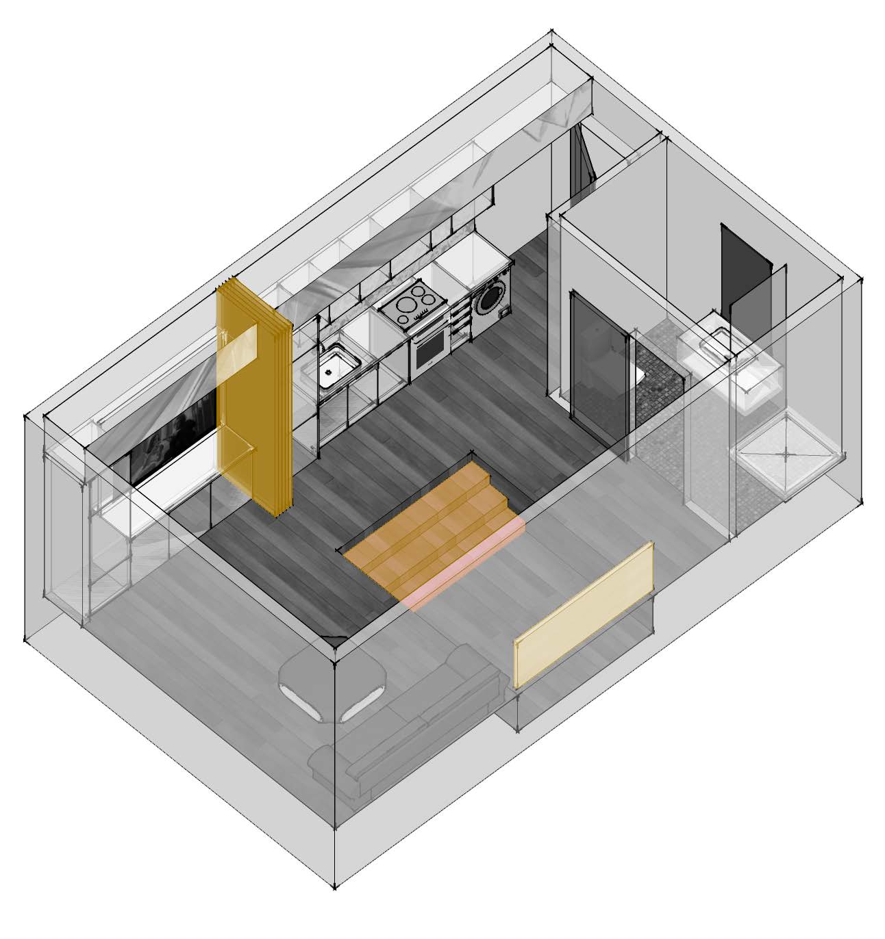 This design has a "Playing Pit" for small kids, which could be hidden with floor decks when not in use.
