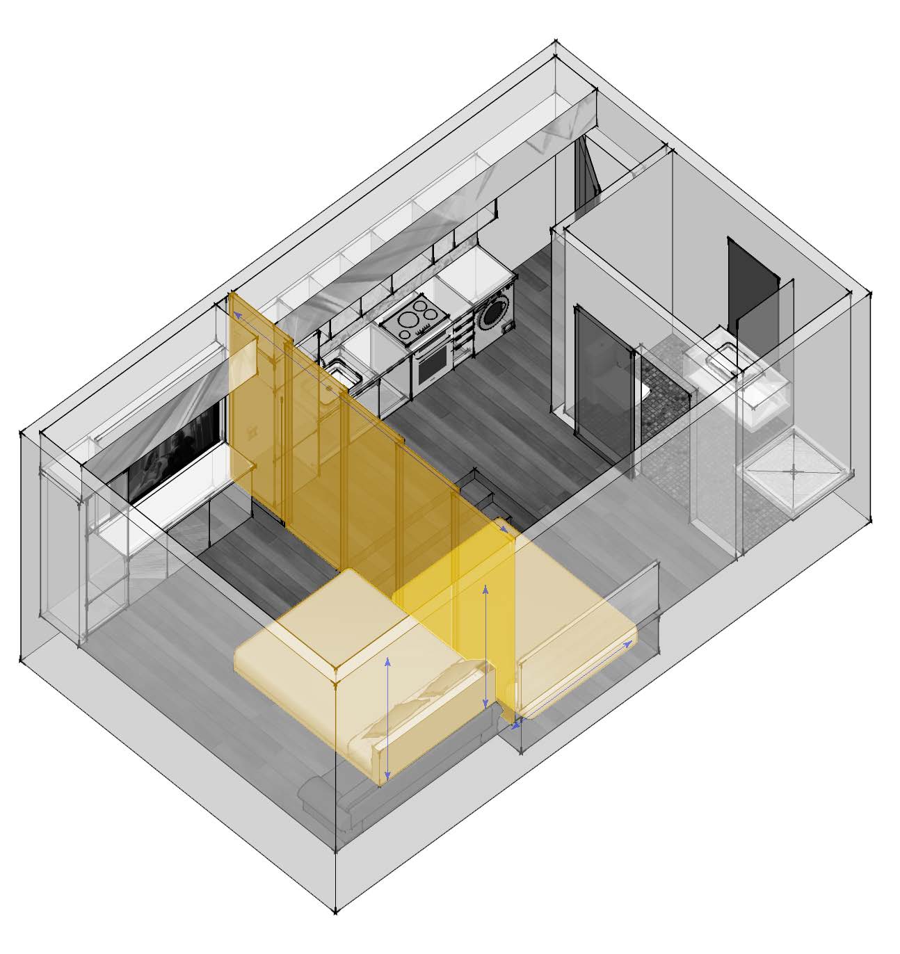 Pull down bed from the ceiling, and pull out bed from under the floor can be deployed when it's sleeping time. A series of collapsible panel can be pull out of its pocket to separate the two spaces. Drawings by Andrew Lafosse.