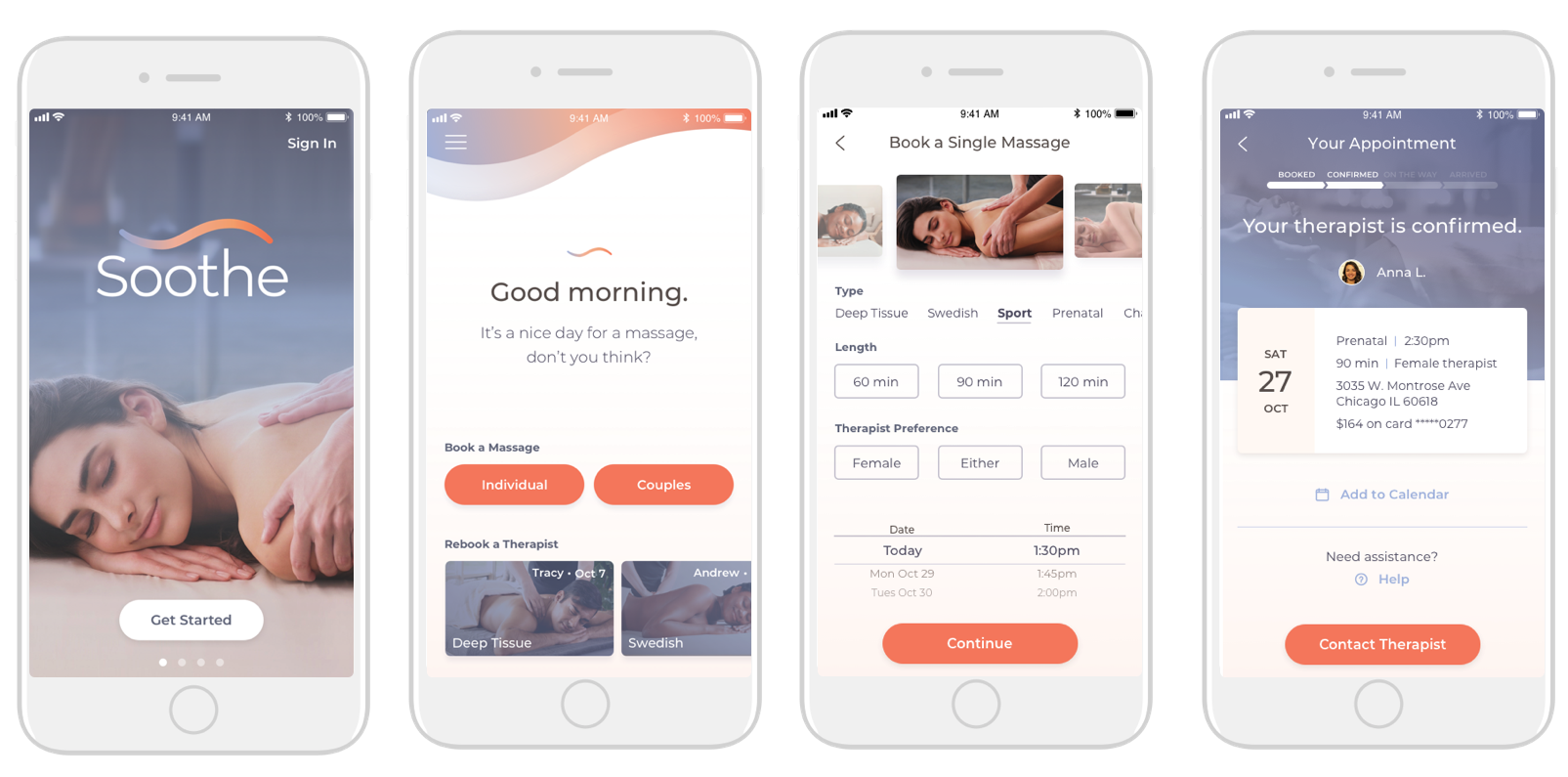 Soothe Client App on-boarding and booking flow. Creative Direction; Philip Lowe, UX Design; Michelle Matthews. UI Design; Celina Frelinghuysen