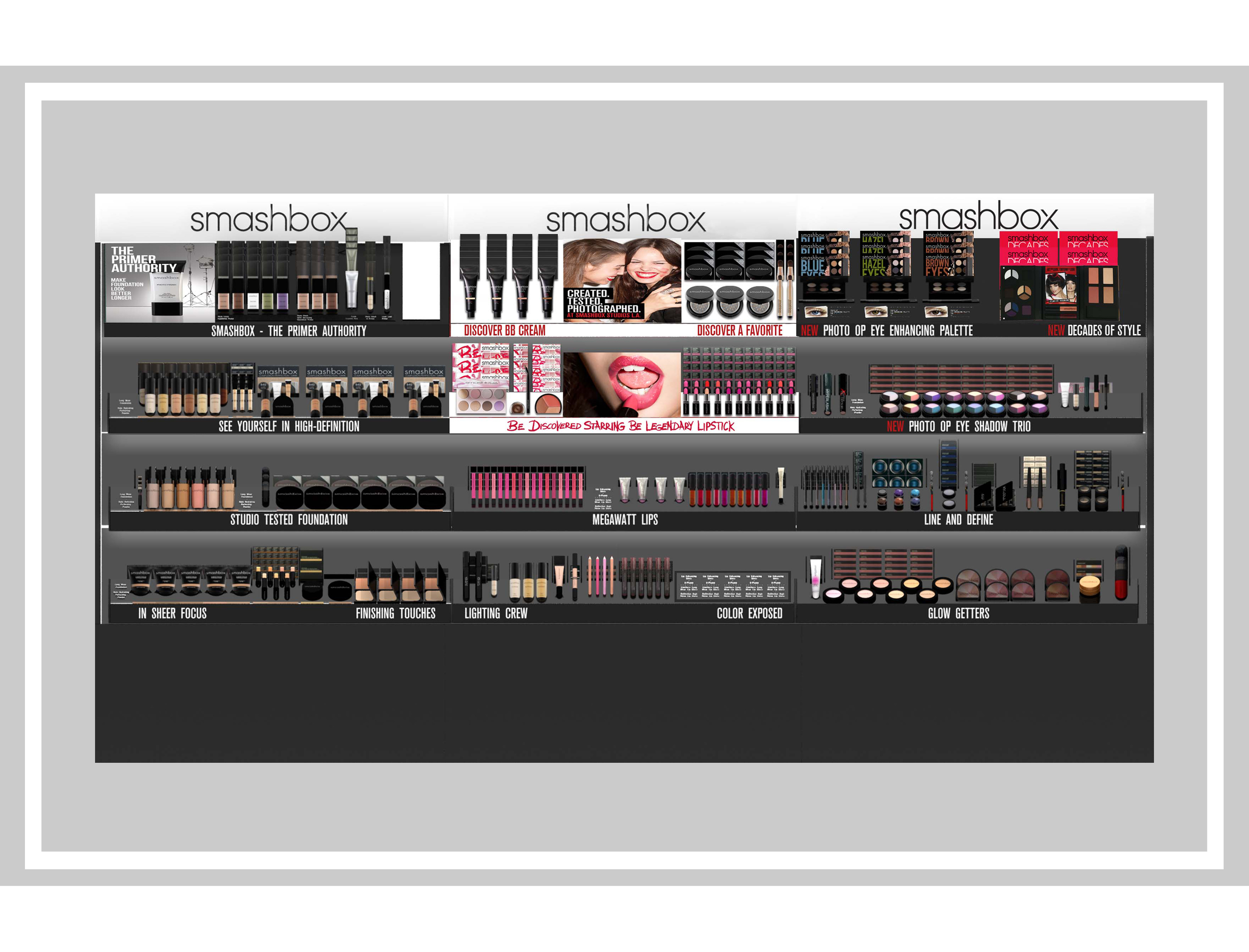  3-bay gondola in Sephora for Be Legendary campaign at Smashbox Cosmetics 