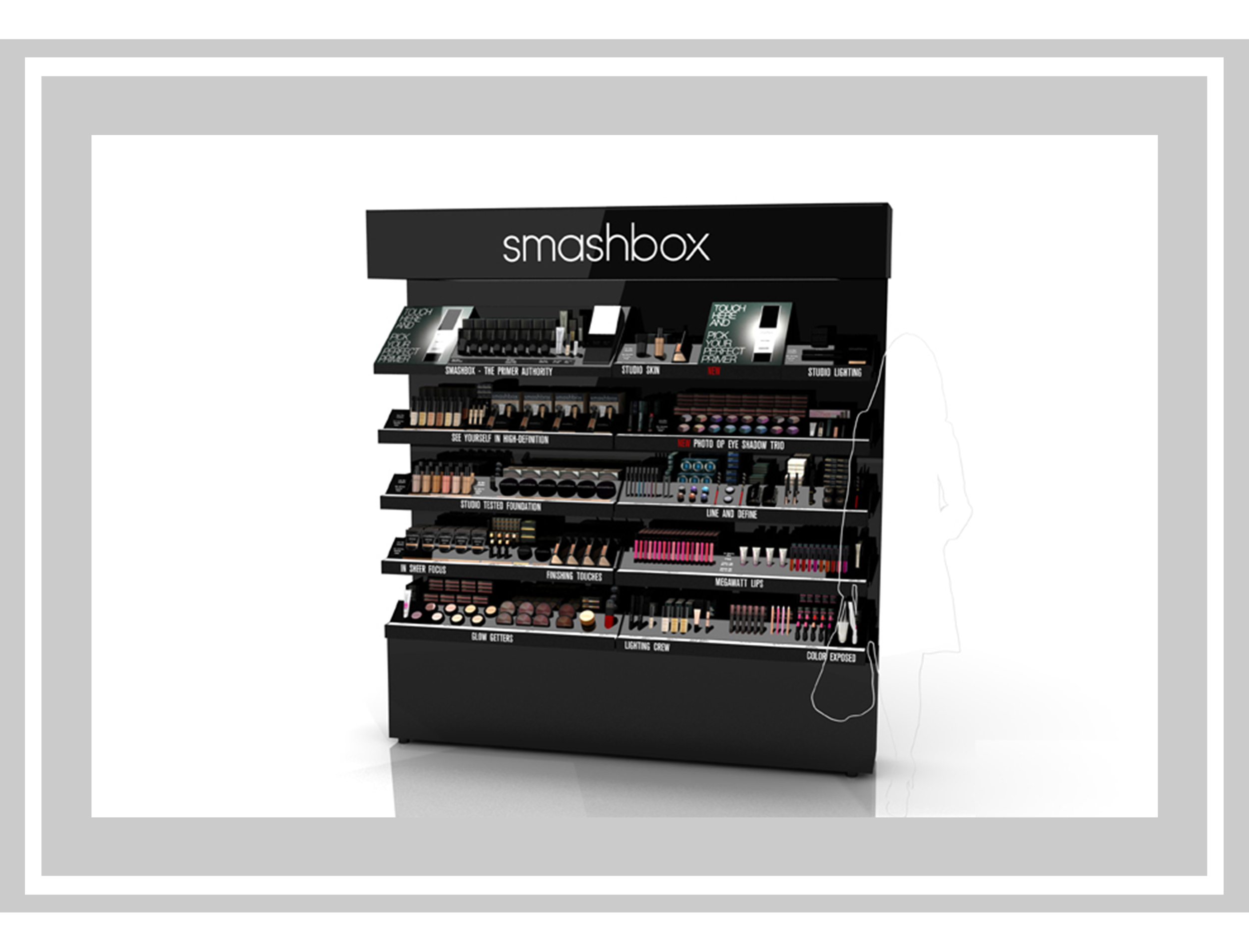  Wall unit display and testing station at Smashbox Cosmetics 