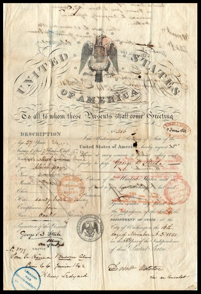 This American travel document from 1841 describes its bearer as having a straight nose, fair complexion, and oval chin.
