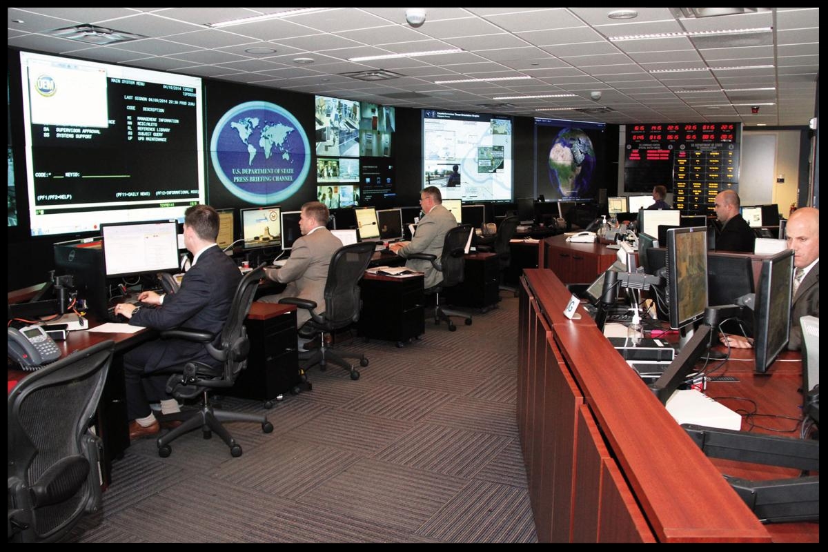 Special agents monitor world events and overseas security from inside the Diplomatic Security Command Center in April 2014. Today the Command Center is a 24/7/365 facility with the ability to electronically monitor all U.S. diplomatic facilities around the globe. Department of State