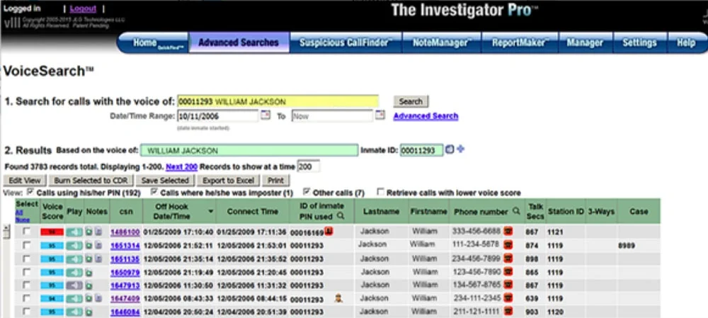 Image of Securus’s Investigator Pro VoiceSearch tool from a 2017 approved contract proposal to Pinal County, Ariz.