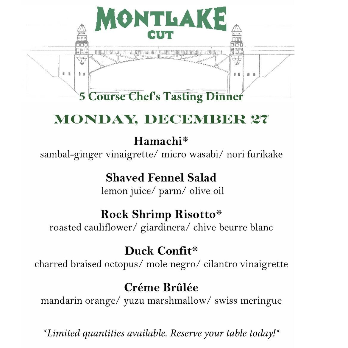 Monday December 27, Special 5 Course Chef&rsquo;s tasting dinner. (Limited quantities available) Call 214-739-8220 to reserve your table today!