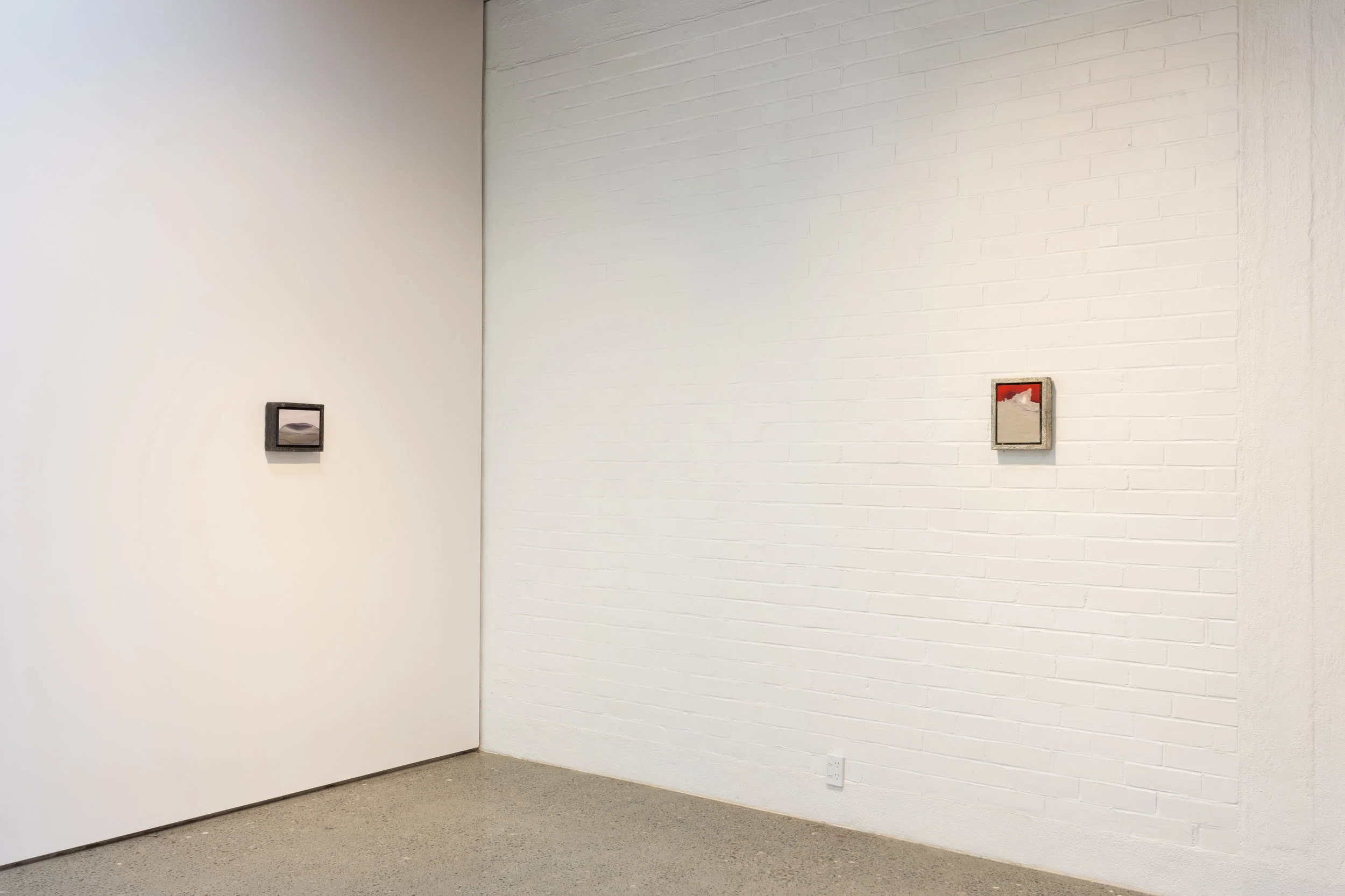 Install shot of Double Dribble 2 at The National, Christchurch Work featured: Alley-oop 5 , oil on board, steelo and resin frame, 205 x 255mm, 2019 (left) Zone 3-1-4, acrylic on board, pewter, 255 x 205mm, 2018 (right) Photo credit: Mitchell Bright